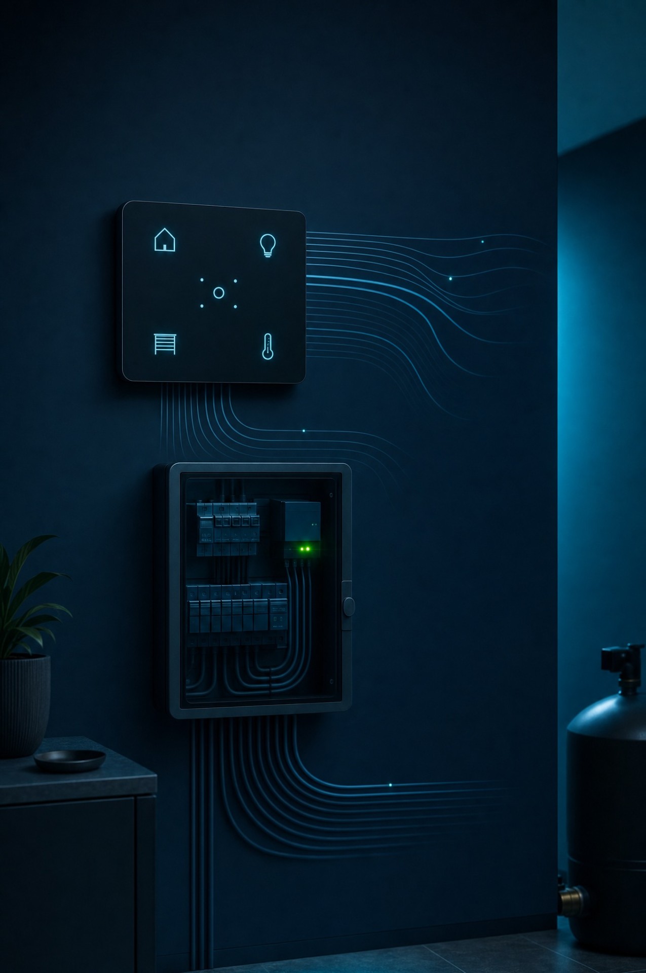 Smart-Home Wandpanel mit beleuchteten Symbolen und Verteilerkasten
