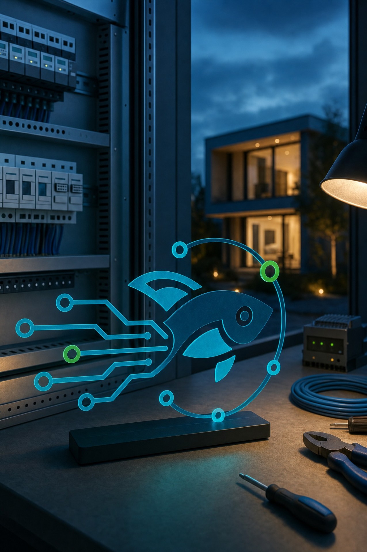 Schaltschrank mit Sicherungen und einem leuchtenden guppy-Logo im Vordergrund